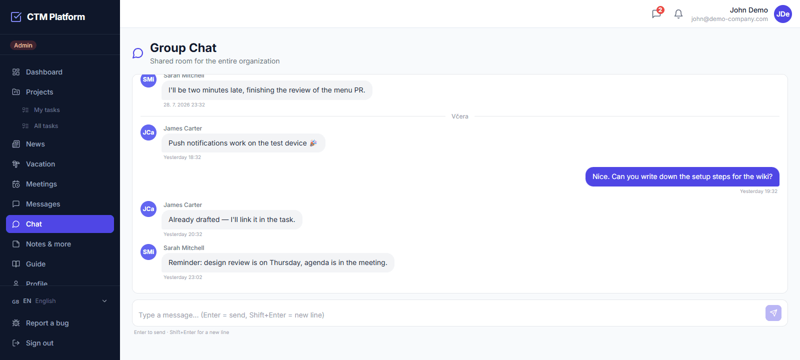 Company chat in CTM — team conversation in the shared organisation room