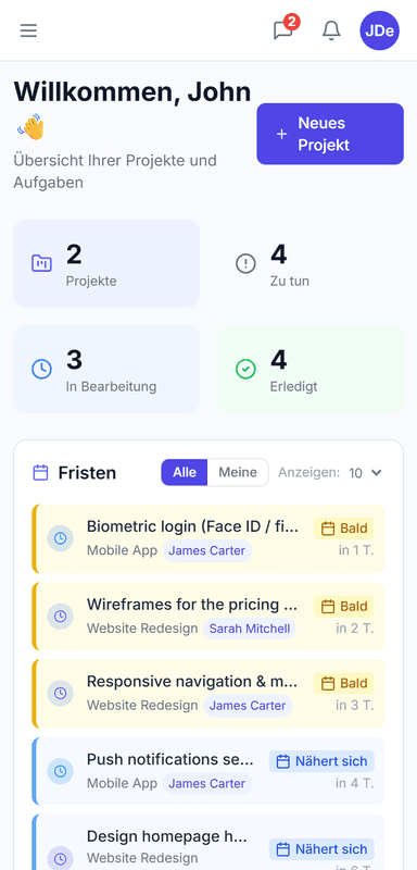 CTM auf dem Handy — dieselbe Projekt- und Aufgabenübersicht auf dem Smartphone