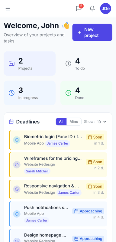 CTM on mobile — the same project and task overview on a phone
