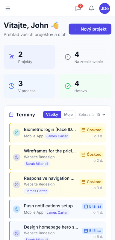 CTM na mobile — rovnaký prehľad projektov a úloh na telefóne
