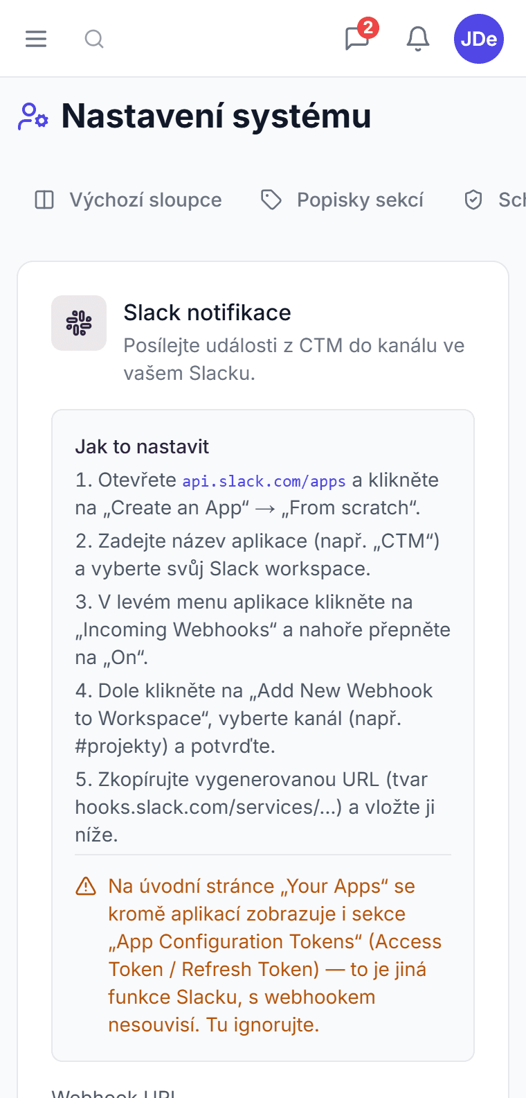 Administrace CTM — karta Integrace s návodem na připojení Slacku přes webhook
