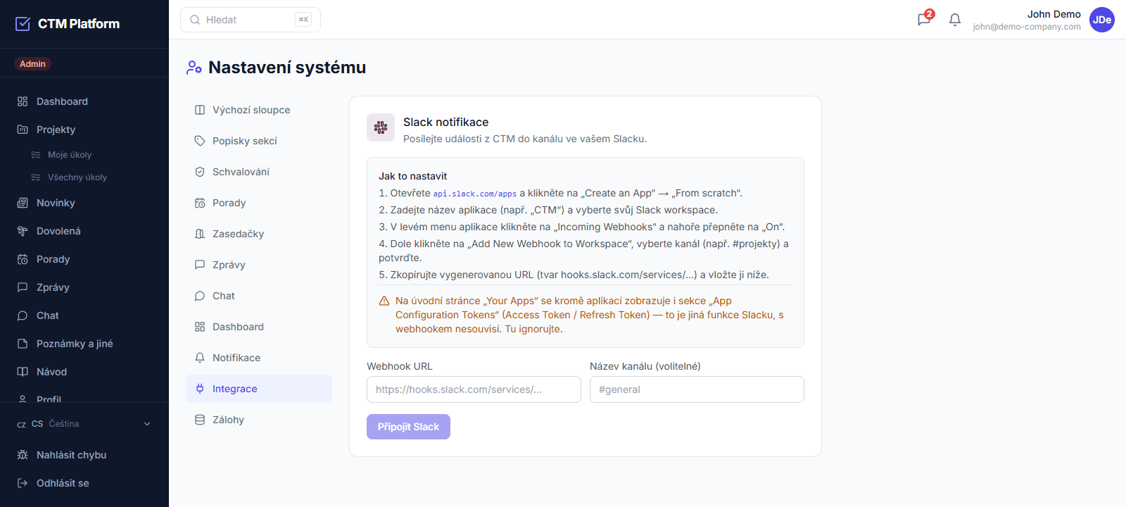 Administrace CTM — karta Integrace s návodem na připojení Slacku přes webhook