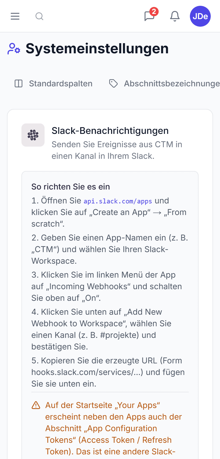 CTM-Administration — der Reiter Integrationen mit der Anleitung, Slack per Webhook zu verbinden