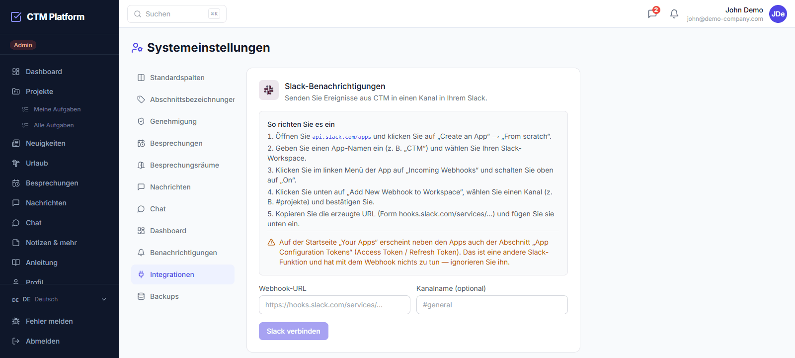 CTM-Administration — der Reiter Integrationen mit der Anleitung, Slack per Webhook zu verbinden