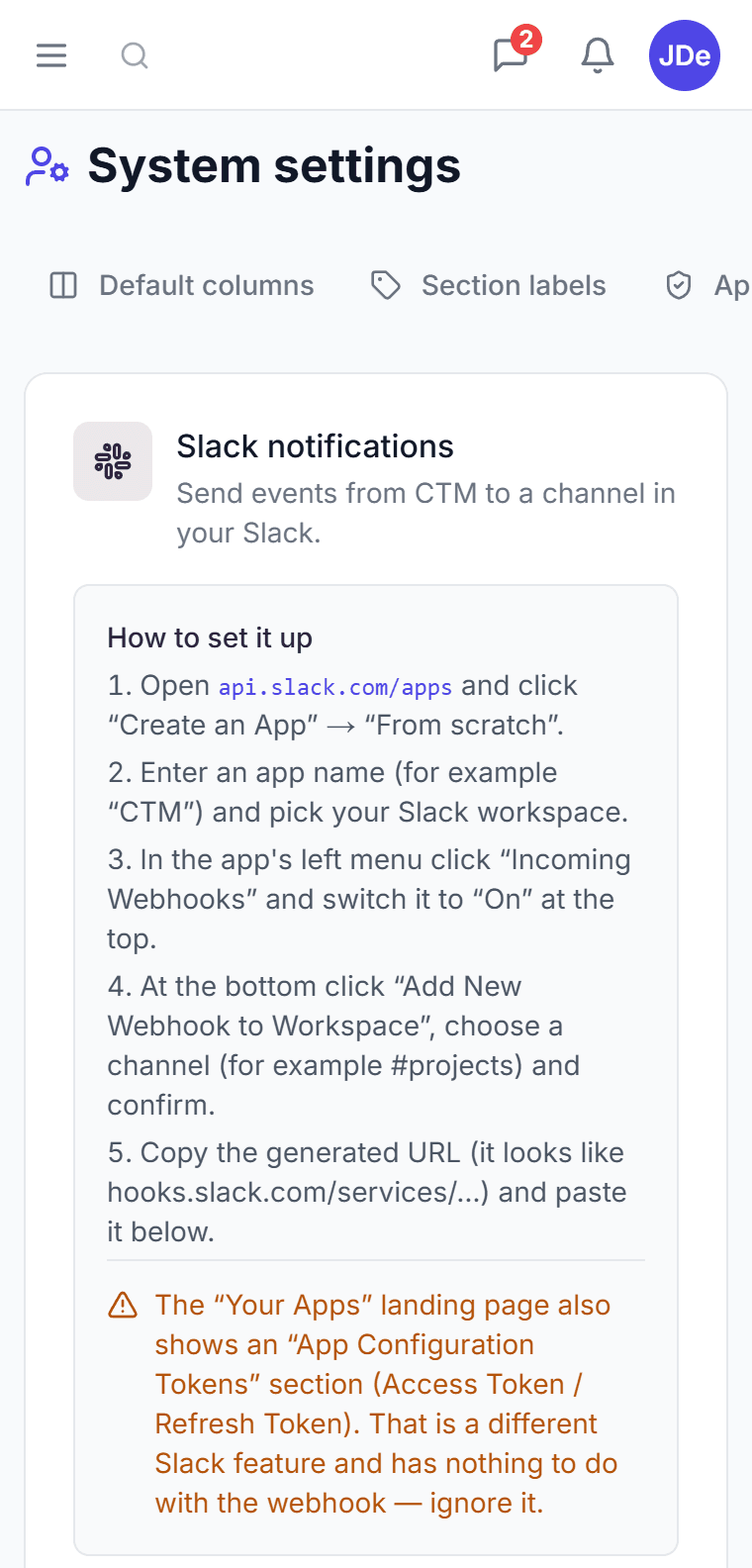 CTM administration — the Integrations tab with instructions for connecting Slack via a webhook