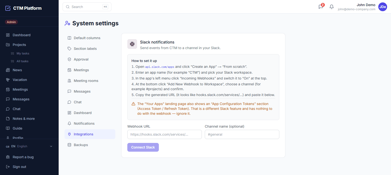 CTM administration — the Integrations tab with instructions for connecting Slack via a webhook