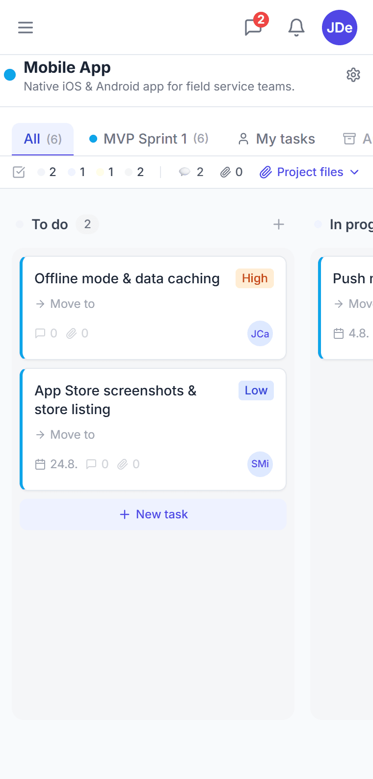 Project kanban board in CTM — To Do, In Progress, In Review and Done columns with task cards