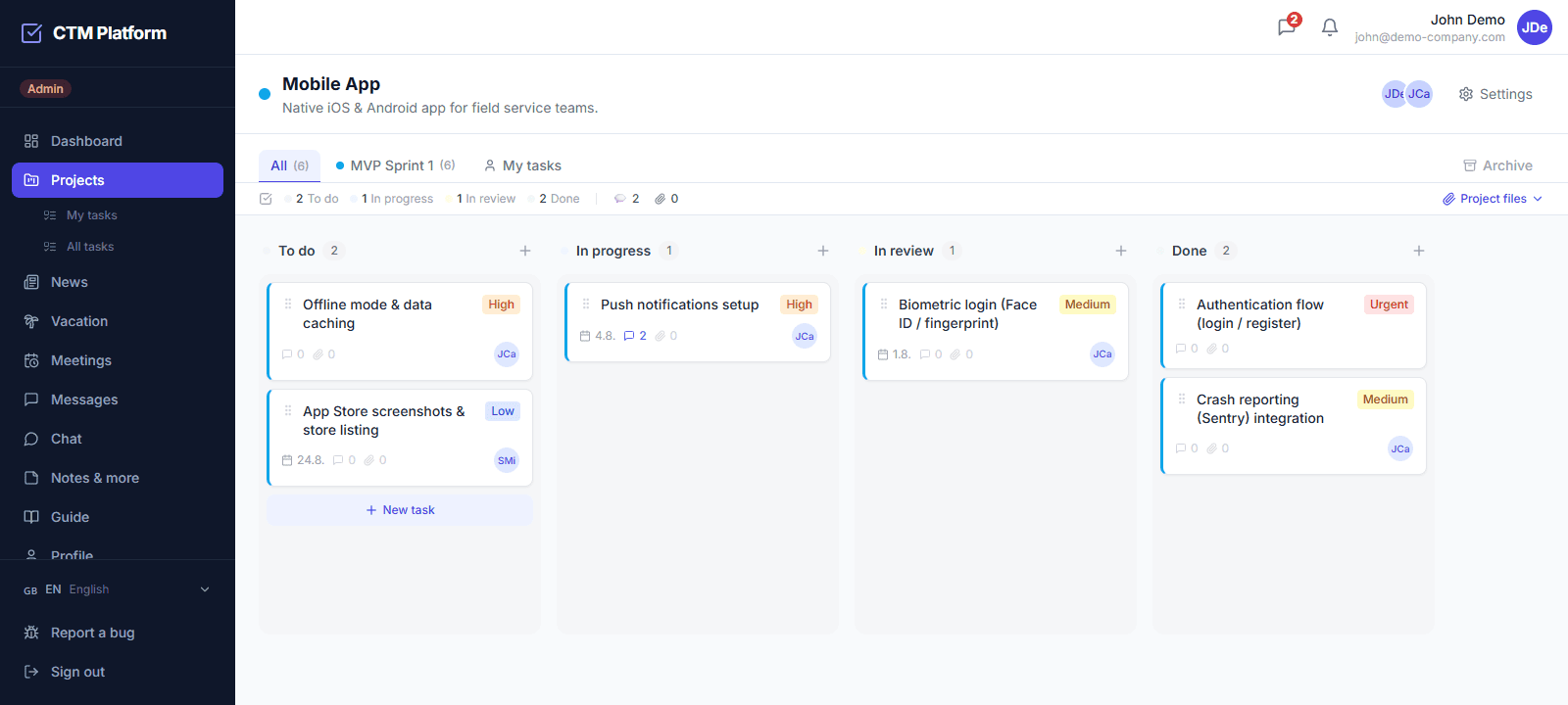 Project kanban board in CTM — To Do, In Progress, In Review and Done columns with task cards