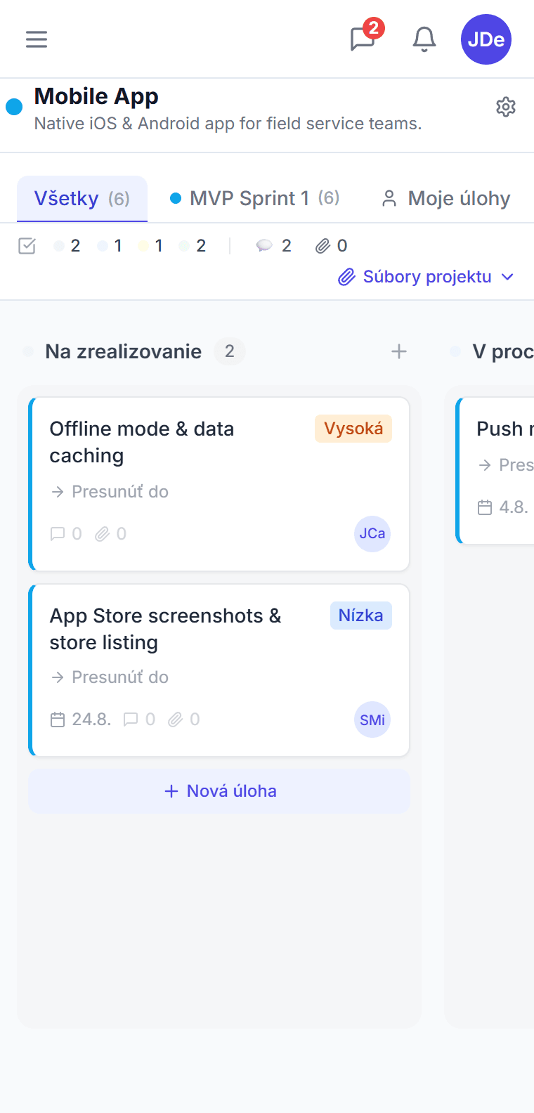 Kanban tabuľa projektu v CTM — stĺpce Na zrealizovanie, V procese, Na review a Hotovo s kartami úloh