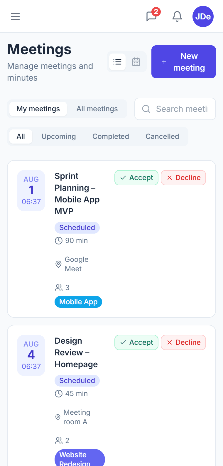 Meeting list in CTM — scheduled meetings with attendance confirmation and completed ones with minutes and action items