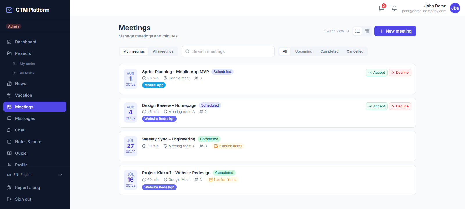 Meeting list in CTM — scheduled meetings with attendance confirmation and completed ones with minutes and action items