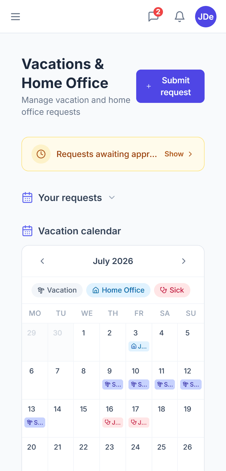 Leave calendar in CTM — monthly overview of holidays, home office and sick days across the team