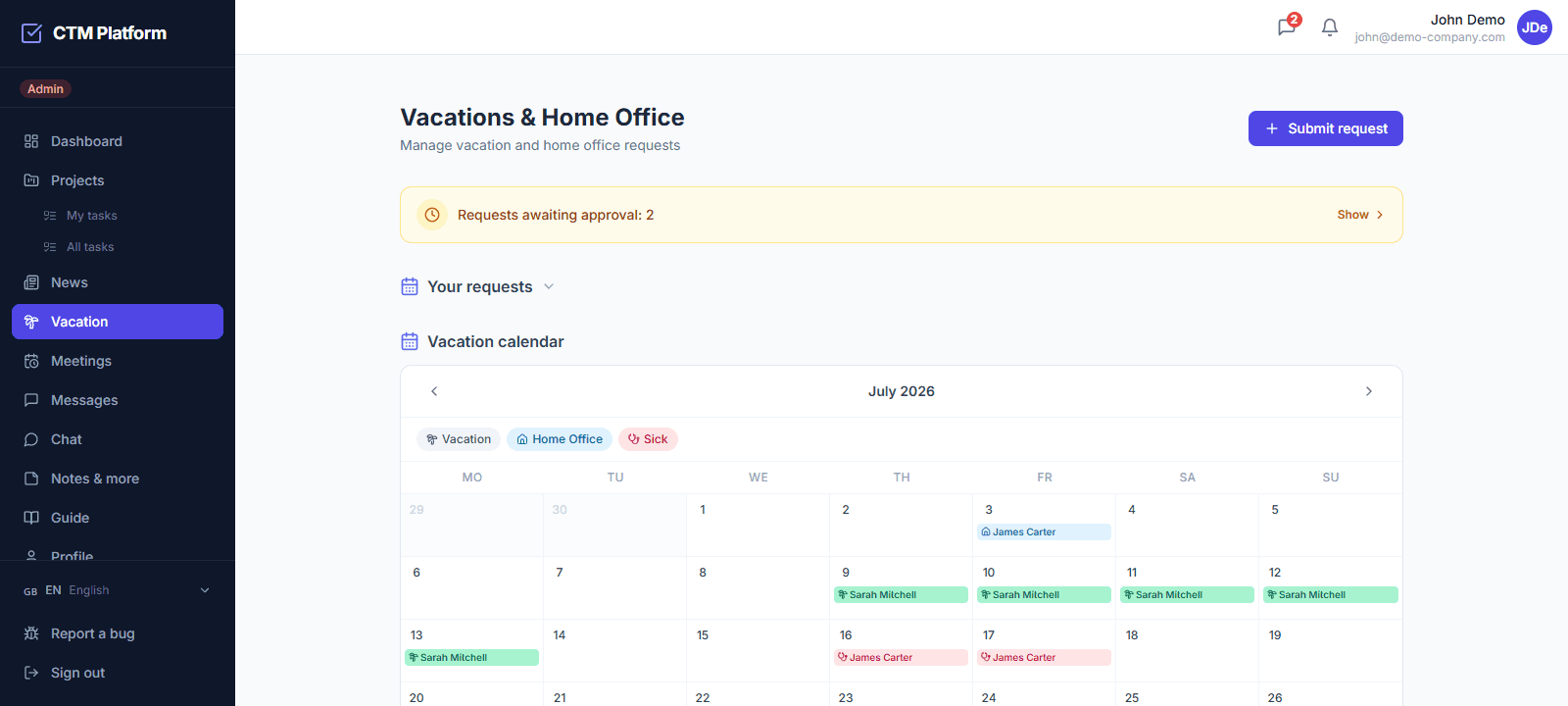 Leave calendar in CTM — monthly overview of holidays, home office and sick days across the team