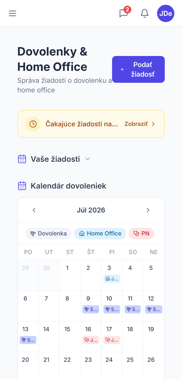 Kalendár dovoleniek v CTM — mesačný prehľad dovoleniek, home office a PN celého tímu