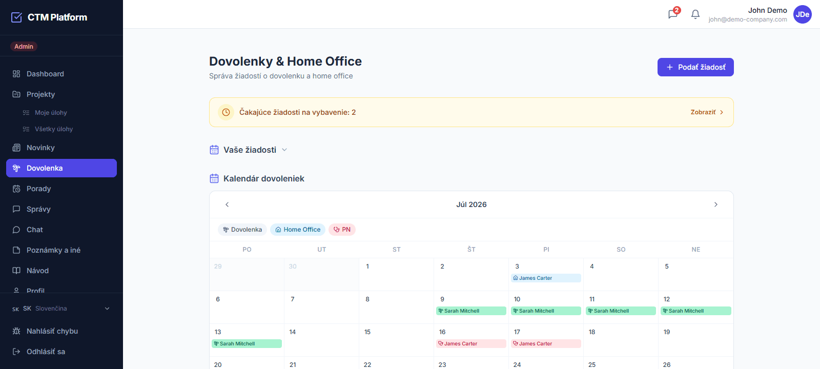 Kalendár dovoleniek v CTM — mesačný prehľad dovoleniek, home office a PN celého tímu