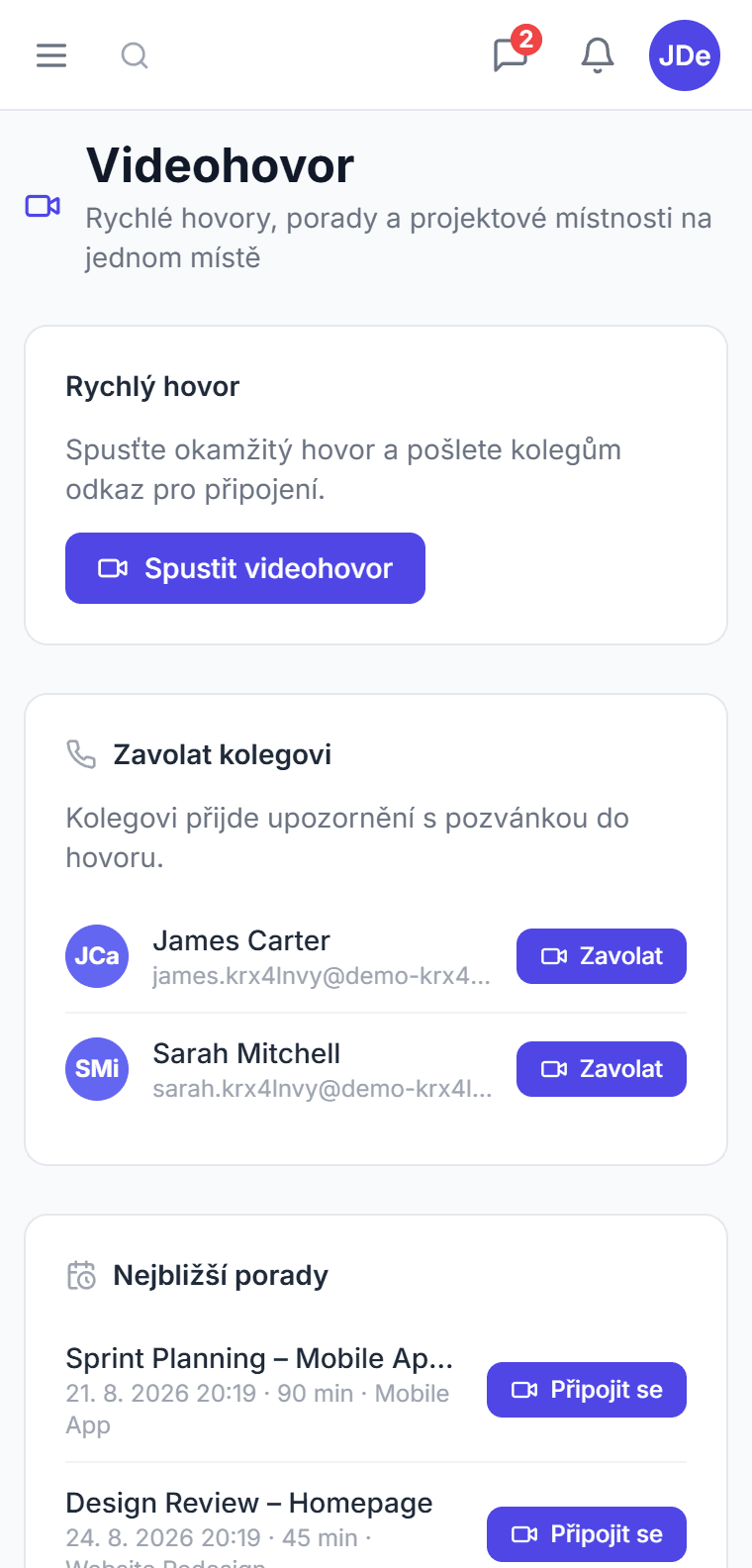 Záložka Videohovory v CTM — rychlý hovor, volání kolegovi, nejbližší porady a projektové místnosti