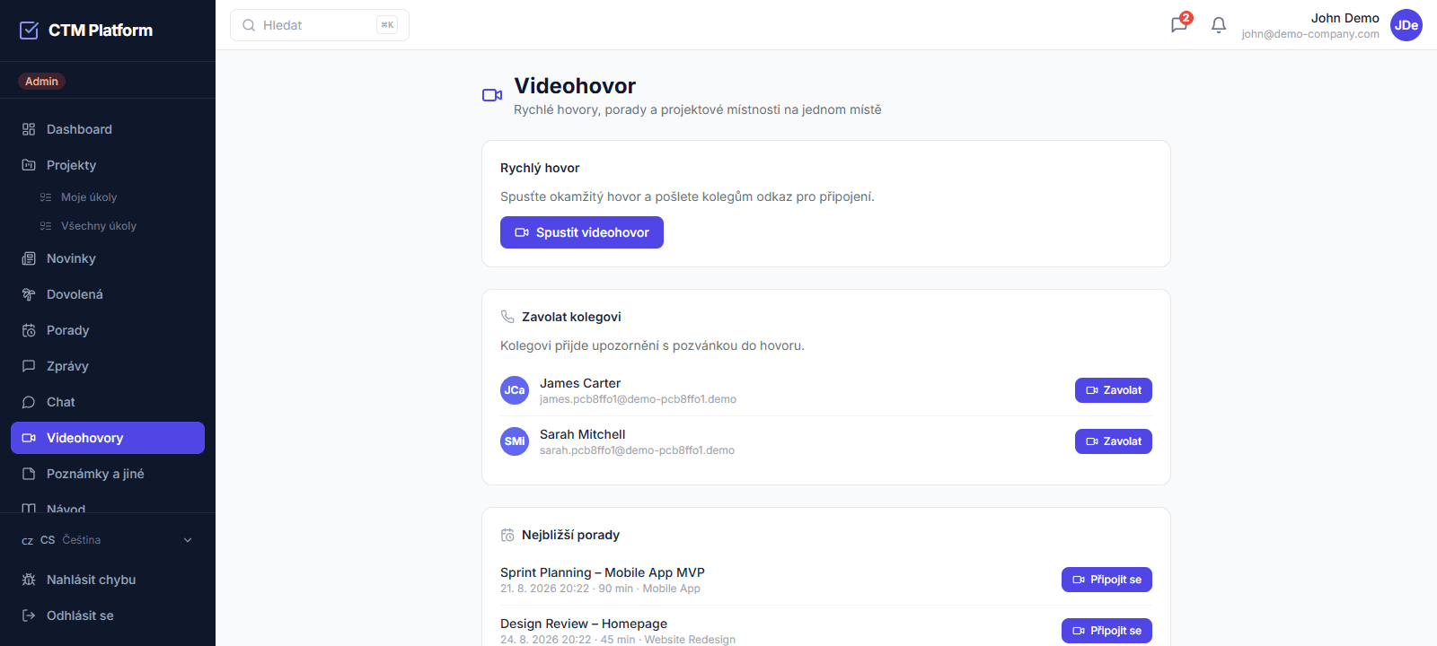 Záložka Videohovory v CTM — rychlý hovor, volání kolegovi, nejbližší porady a projektové místnosti