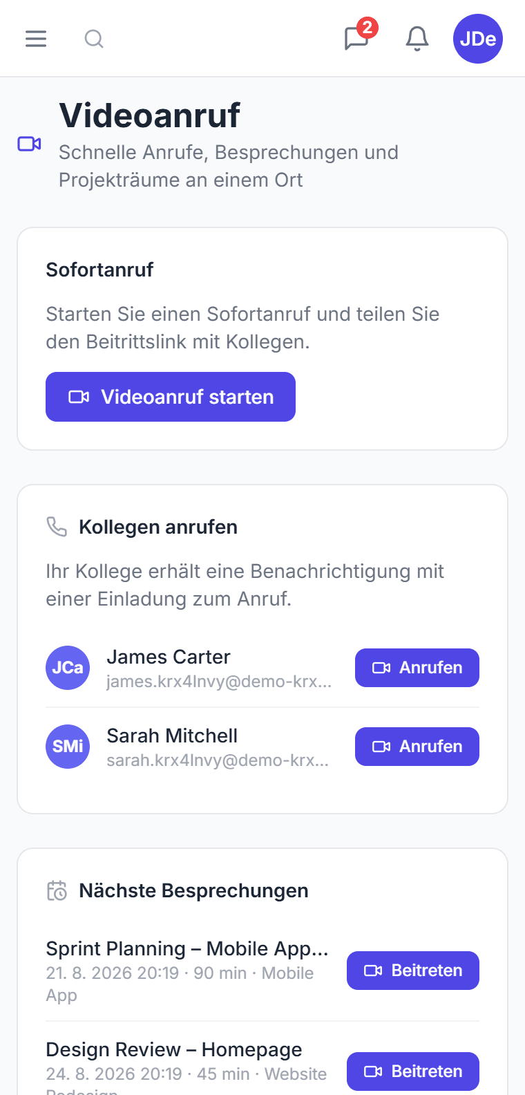 Der Reiter Videoanrufe in CTM — Sofortanruf, Anruf an eine Kollegin, nächste Besprechungen und Projekträume