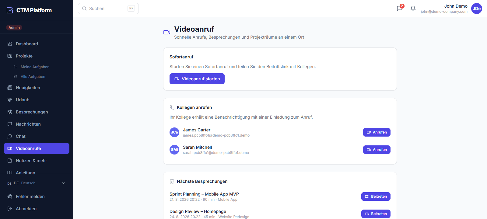 Der Reiter Videoanrufe in CTM — Sofortanruf, Anruf an eine Kollegin, nächste Besprechungen und Projekträume
