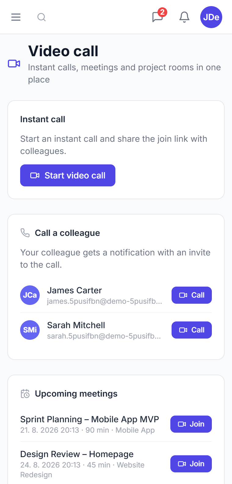 The Video calls tab in CTM — instant call, calling a colleague, upcoming meetings and project rooms