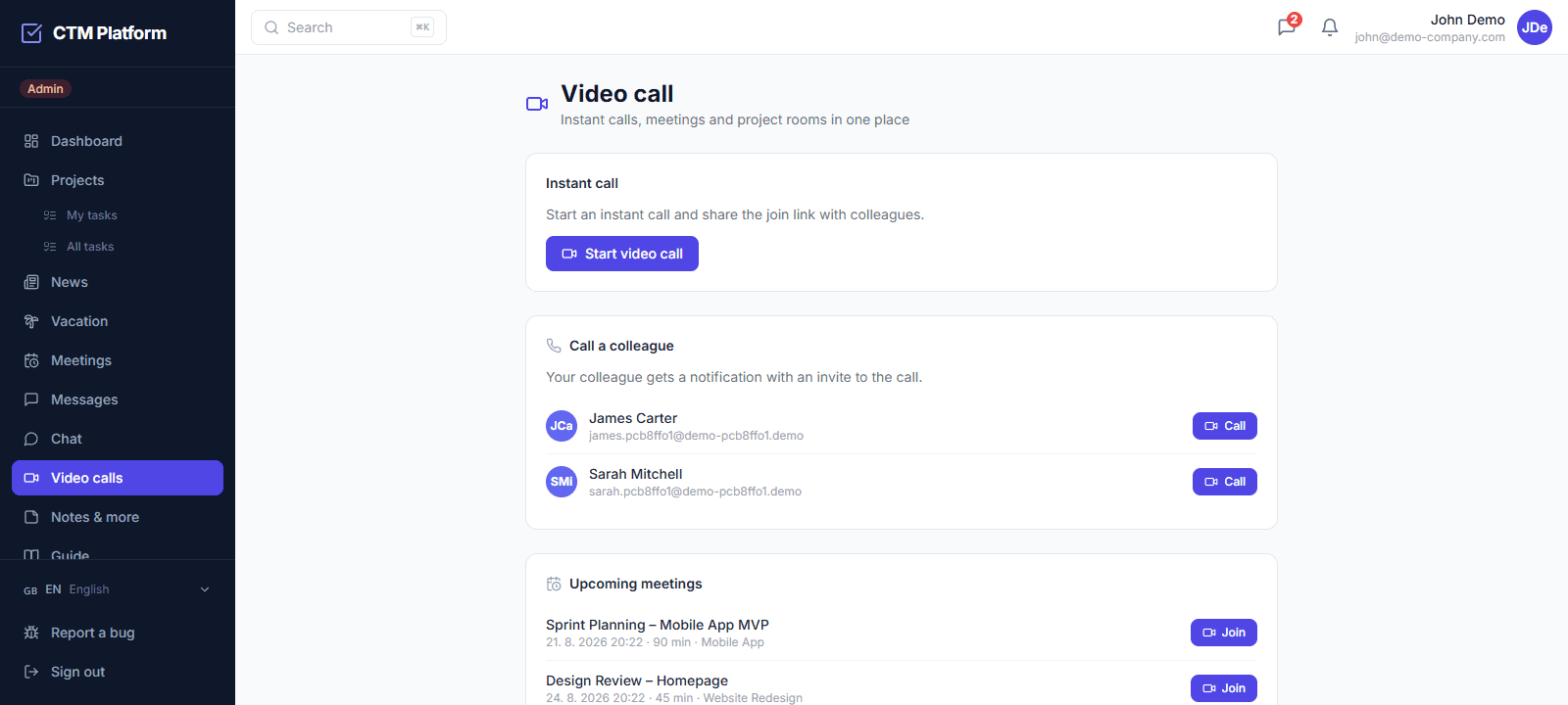 The Video calls tab in CTM — instant call, calling a colleague, upcoming meetings and project rooms