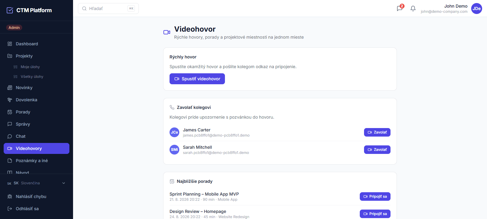 Záložka Videohovory v CTM — rýchly hovor, volanie kolegovi, najbližšie porady a projektové miestnosti