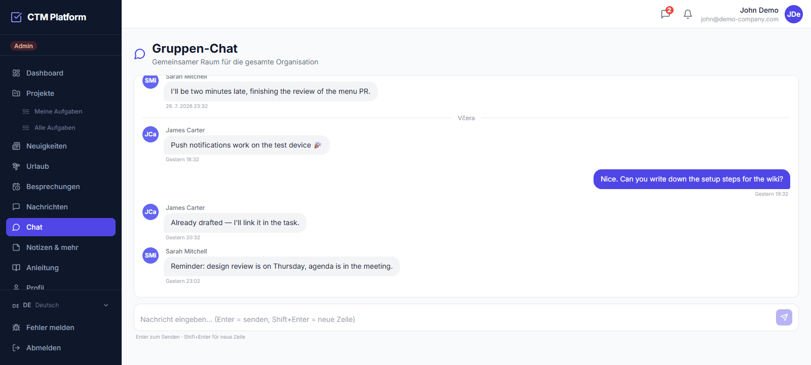 Firmenchat in CTM — Teamgespräch im gemeinsamen Raum der Organisation