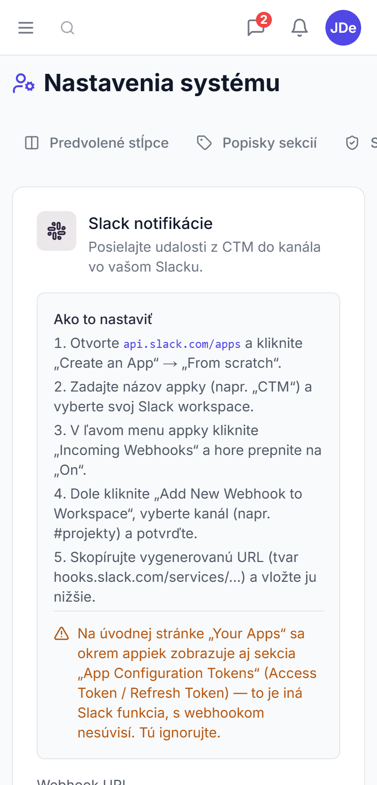 Administrácia CTM — karta Integrácie s návodom na pripojenie Slacku cez webhook