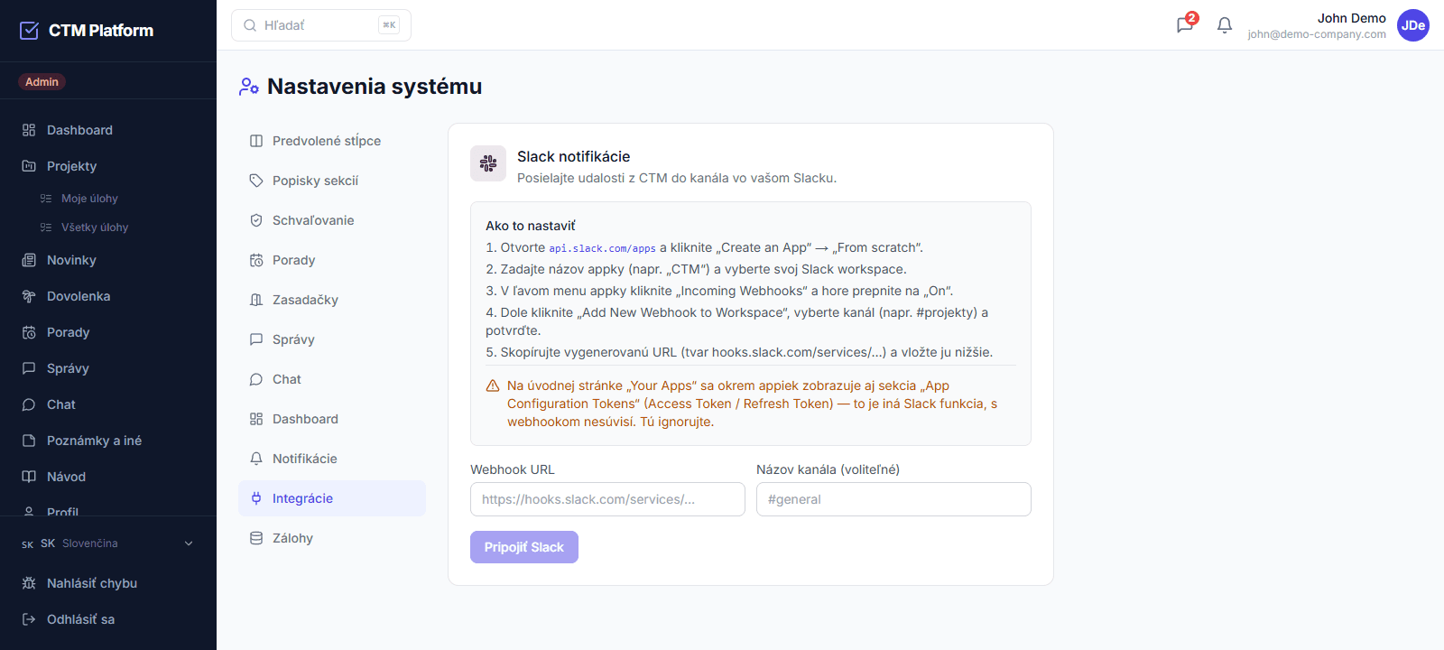 Administrácia CTM — karta Integrácie s návodom na pripojenie Slacku cez webhook