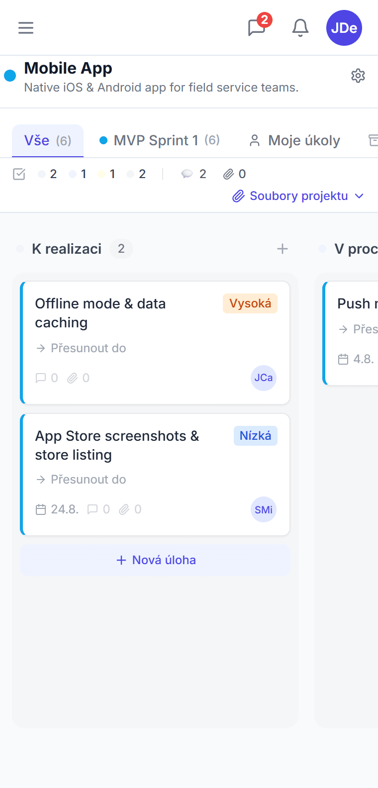 Kanban tabule projektu v CTM — sloupce K řešení, V procesu, Na review a Hotovo s kartami úkolů