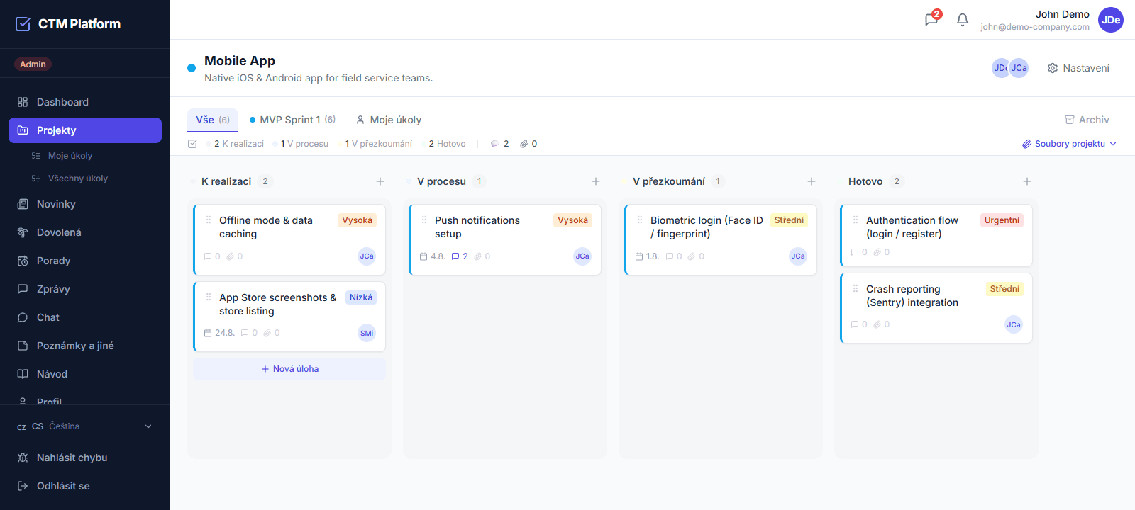Kanban tabule projektu v CTM — sloupce K řešení, V procesu, Na review a Hotovo s kartami úkolů