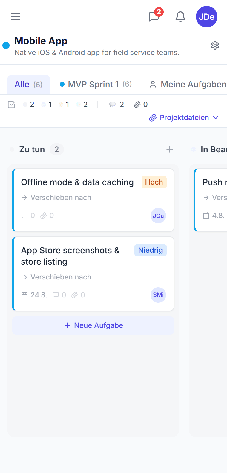 Kanban-Board eines Projekts in CTM — Spalten Zu tun, In Bearbeitung, Im Review und Erledigt mit Aufgabenkarten
