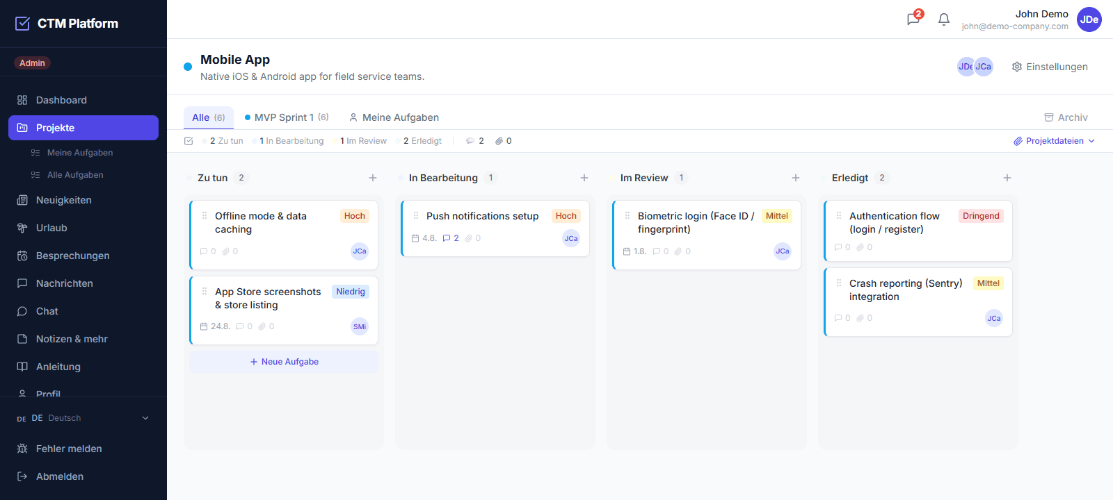 Kanban-Board eines Projekts in CTM — Spalten Zu tun, In Bearbeitung, Im Review und Erledigt mit Aufgabenkarten