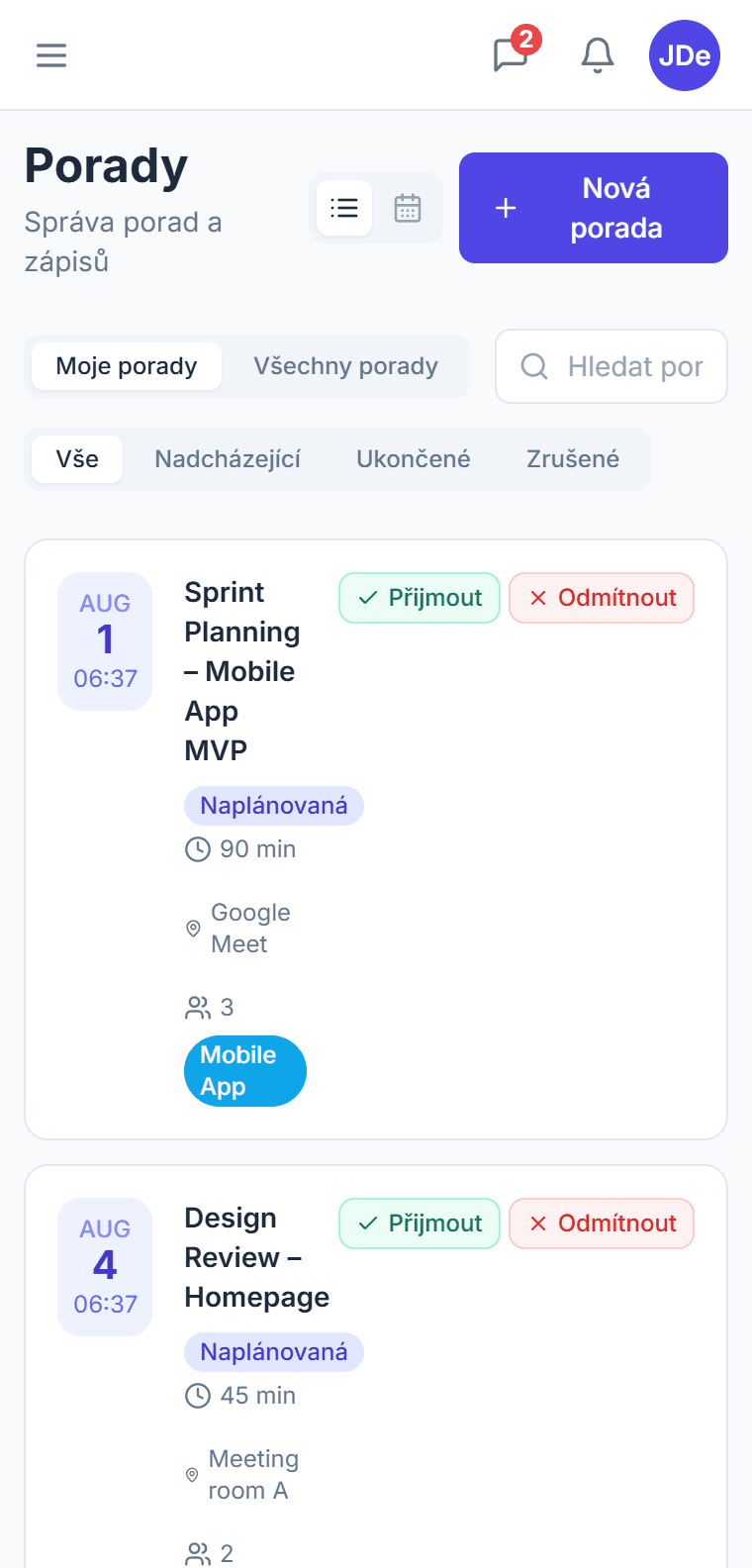 Seznam porad v CTM — naplánované porady s potvrzením účasti a ukončené se zápisem a akčními body