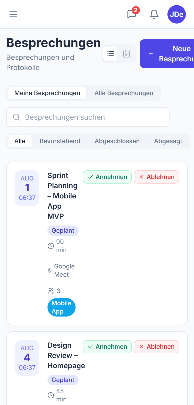 Besprechungsliste in CTM — geplante Besprechungen mit Teilnahmebestätigung und abgeschlossene mit Protokoll und Aufgabenpunkten