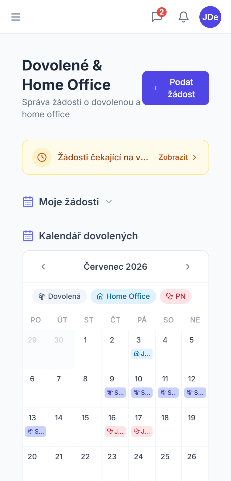 Kalendář dovolených v CTM — měsíční přehled dovolených, home office a nemocenské celého týmu