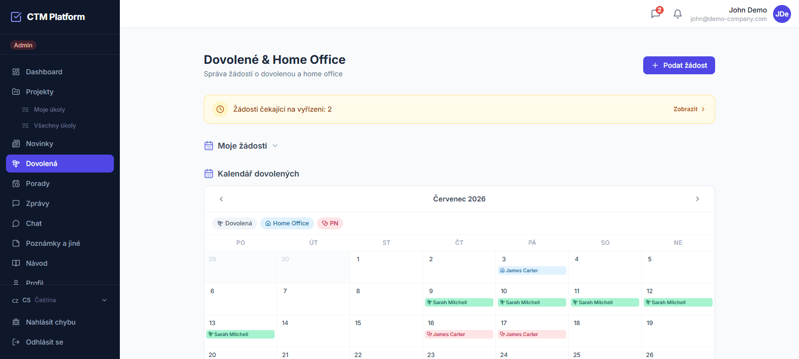 Kalendář dovolených v CTM — měsíční přehled dovolených, home office a nemocenské celého týmu