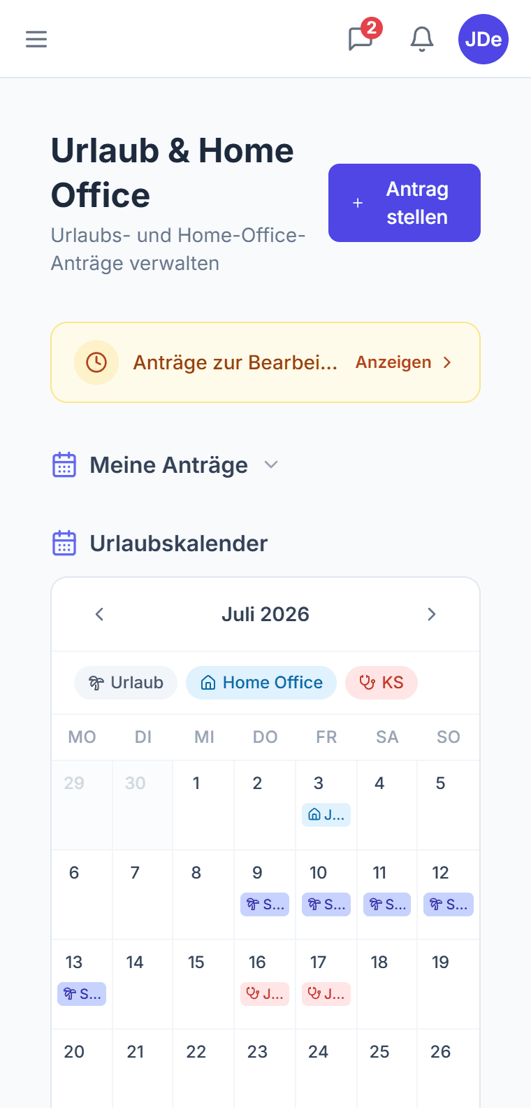 Urlaubskalender in CTM — Monatsübersicht über Urlaub, Homeoffice und Krankmeldungen im gesamten Team